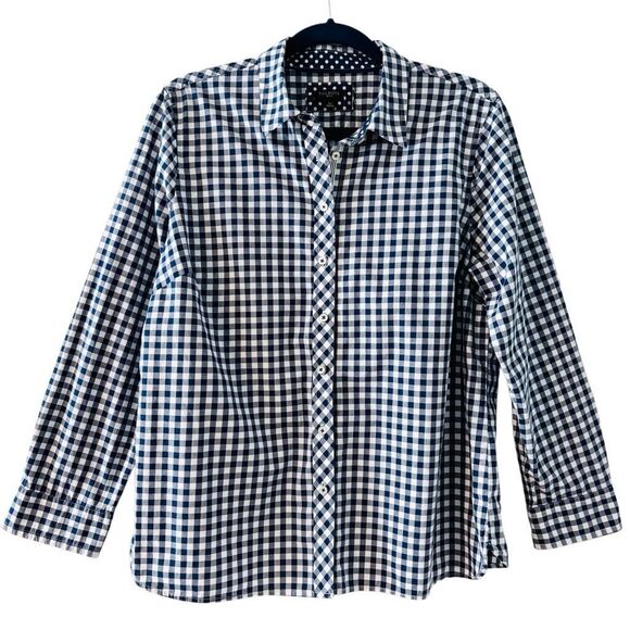 Talbots LP navy gingham check 100% cotton contrast trim shirt Large Petite - Picture 1 of 9